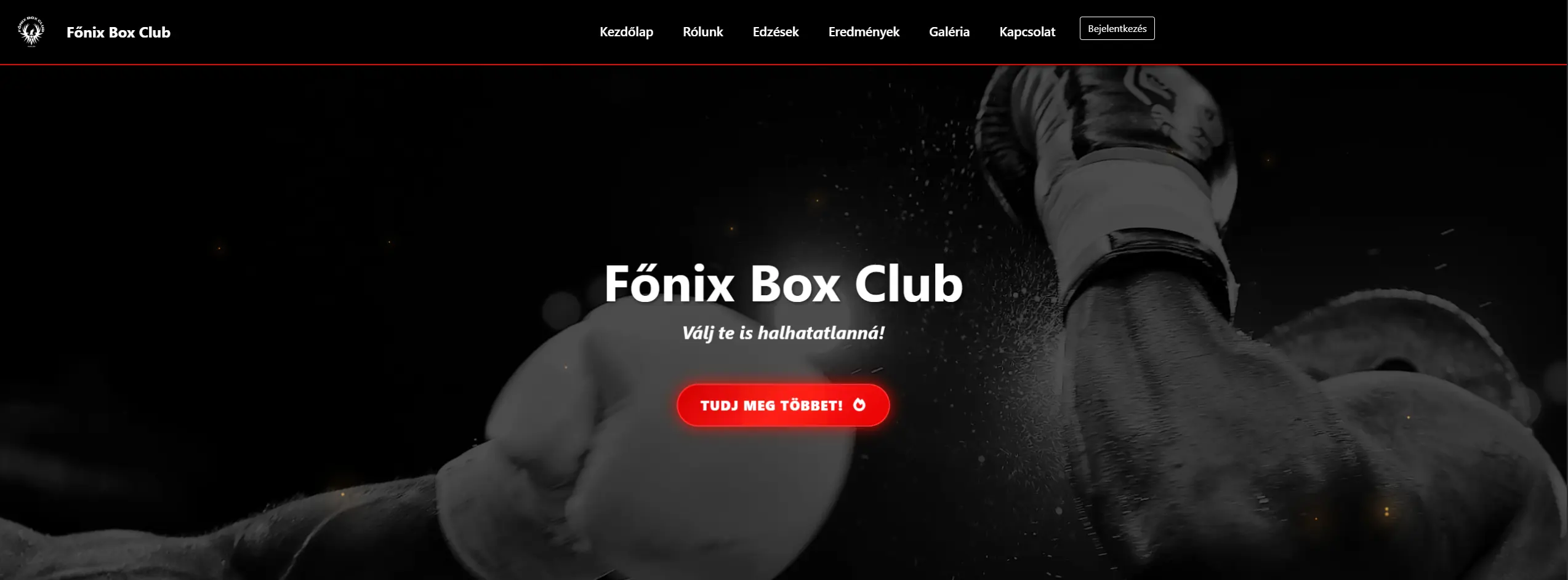 A Főnix Box Club számára készült weboldal kezdőlapja